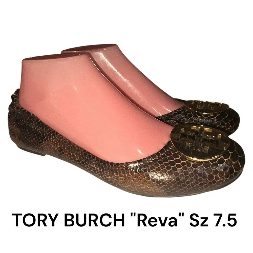 Tory Burch Sz 7.5 Reva Brown Faux Snake Gold Metal Logo Discs Boho Leather Flats